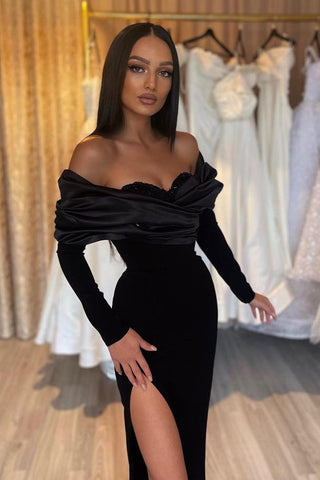 Strapless Sleek Black Mermaid Prom Dress with Long Sleeves and Stylish Slit