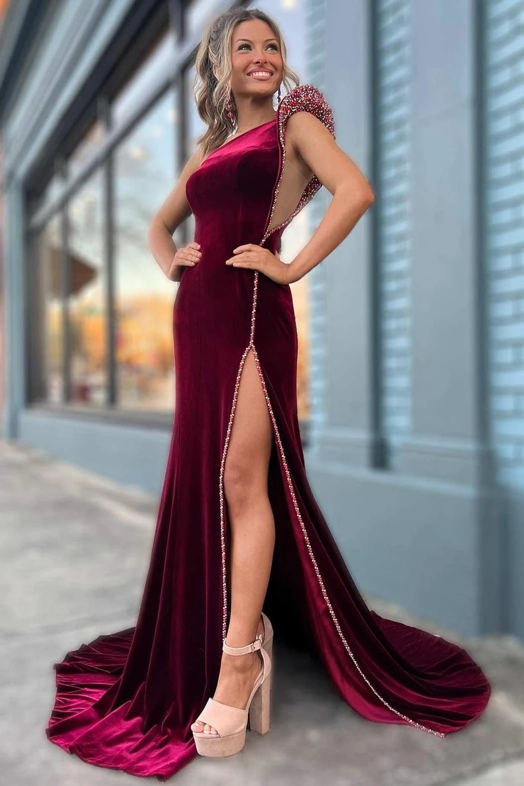Wine Velvet Beaded One-Shoulder Long Formal Dress with Slit by KissProm