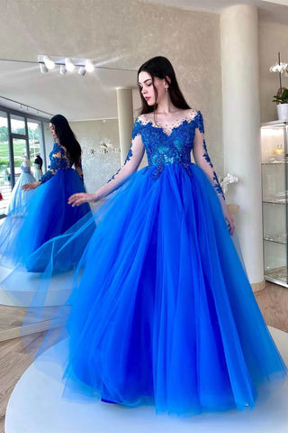 Vestido de fiesta de tul con apliques azul real y mangas largas