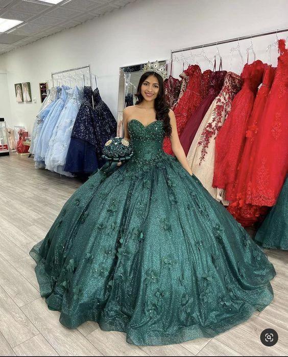 Romantic Dark Green Sweetheart Neckline Adult Dress Appliqued Lace Bustier Sweetheart Ball Gown Y289 by simplepromdress