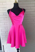Neon Pink Cowl Neck A-Line Homecoming Dress Y286 by simplepromdress
