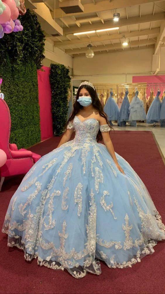 Light blue ball gown with appliques sweet 16 dress Y283 by simplepromdress