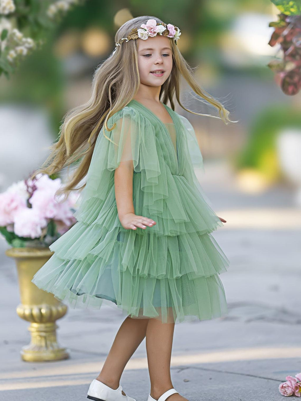 Enchanted Garden Fairy Elegant Tulle Green Flower Girl Dress - photo 5