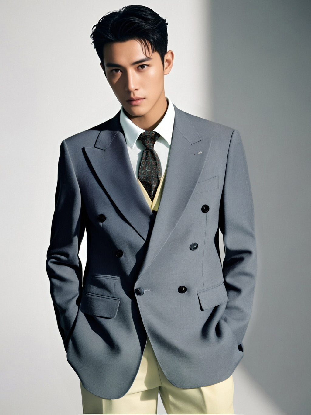 Double-Breasted Light Grey Wool Suit | Tailored Formal Groom & Business Suit by 男装