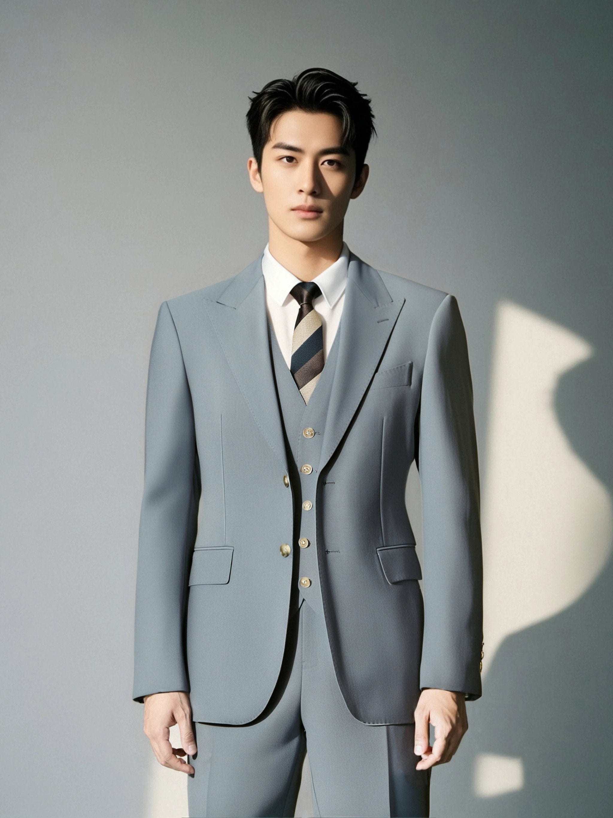 Three-Piece Light Grey Wool Suit | Tailored Formal Groom & Business Suit by 男装