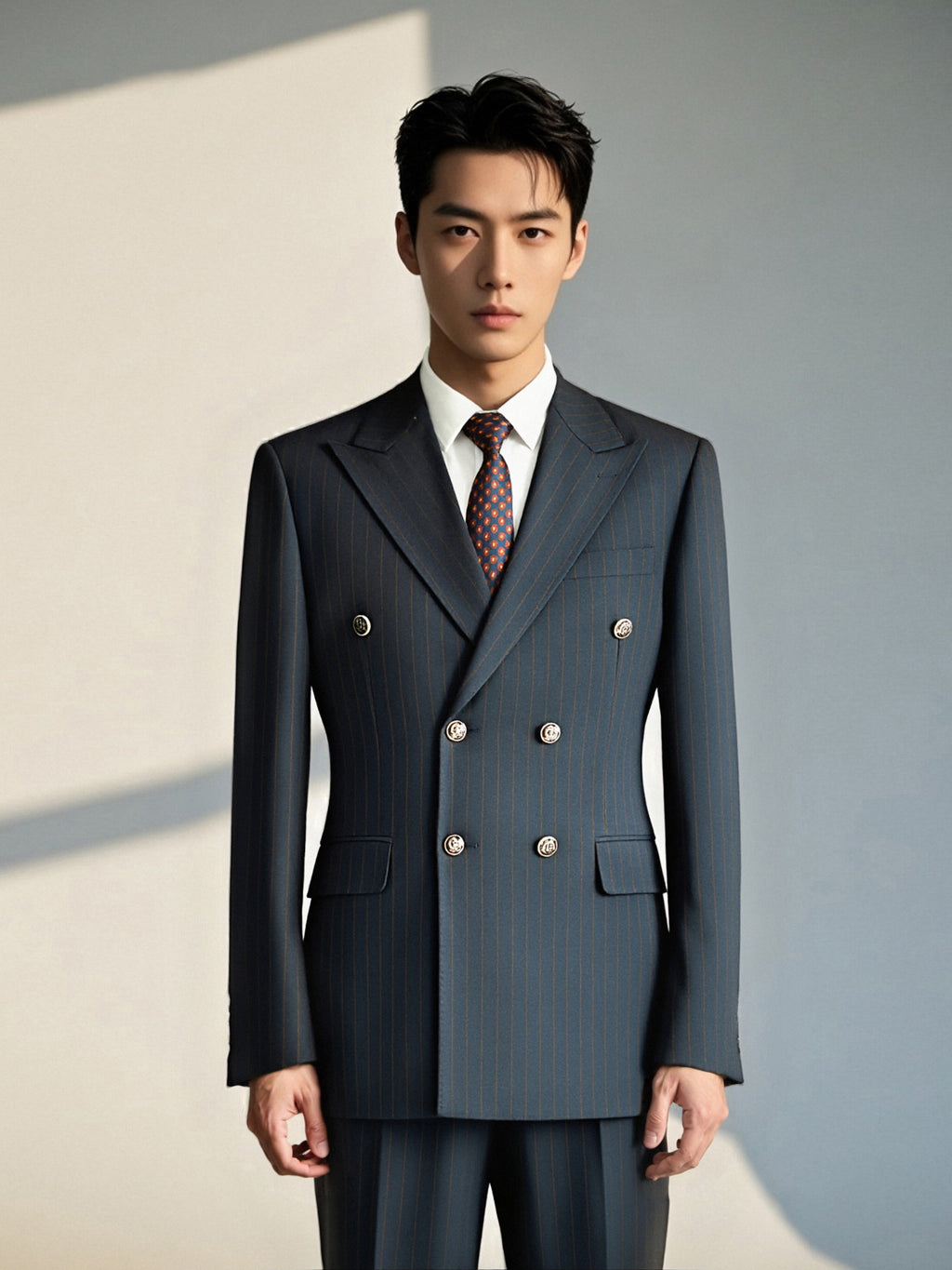 Double-Breasted Navy Pinstripe Wool Suit | Tailored Formal Groom & Business Suit by 男装