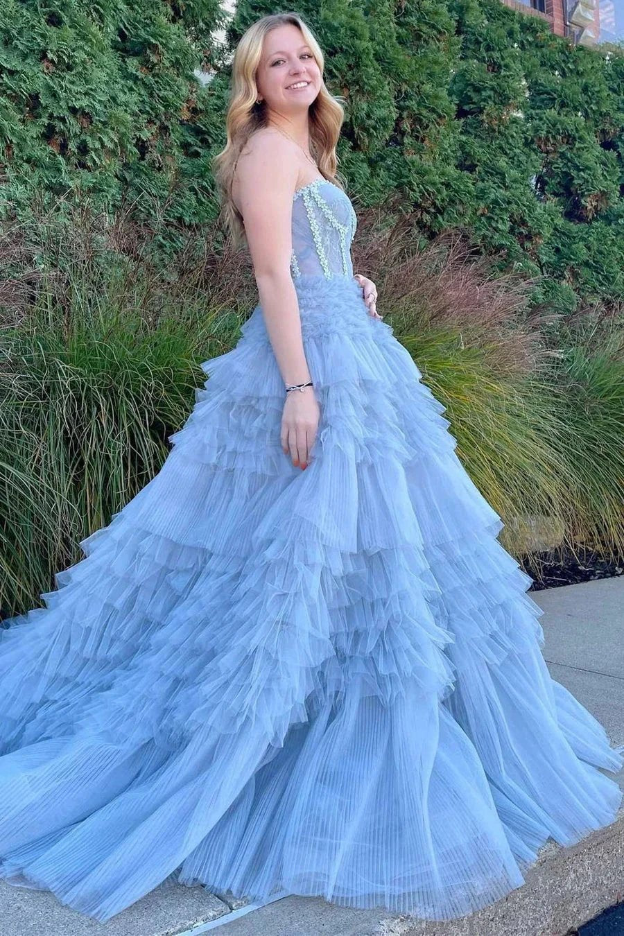 Jazlyn |Princess A-line Strapless Tiered Tulle Prom Dress by KissProm