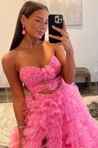 Reyna |Ball Gown Sweetheart Pink Tiered Printed Tulle Prom Dress by KissProm