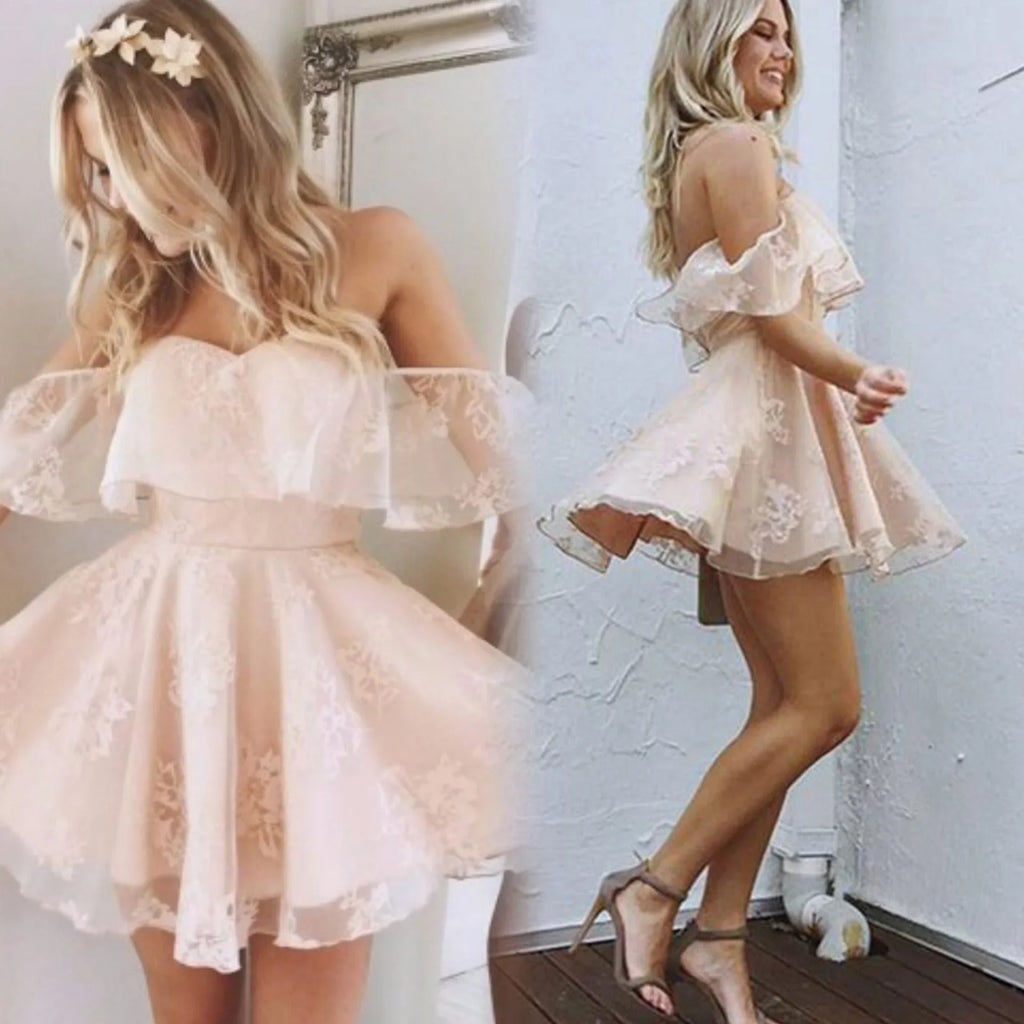 A-Line Off Shoulder Mid Back Lace Homecoming Dresses by Ombreprom