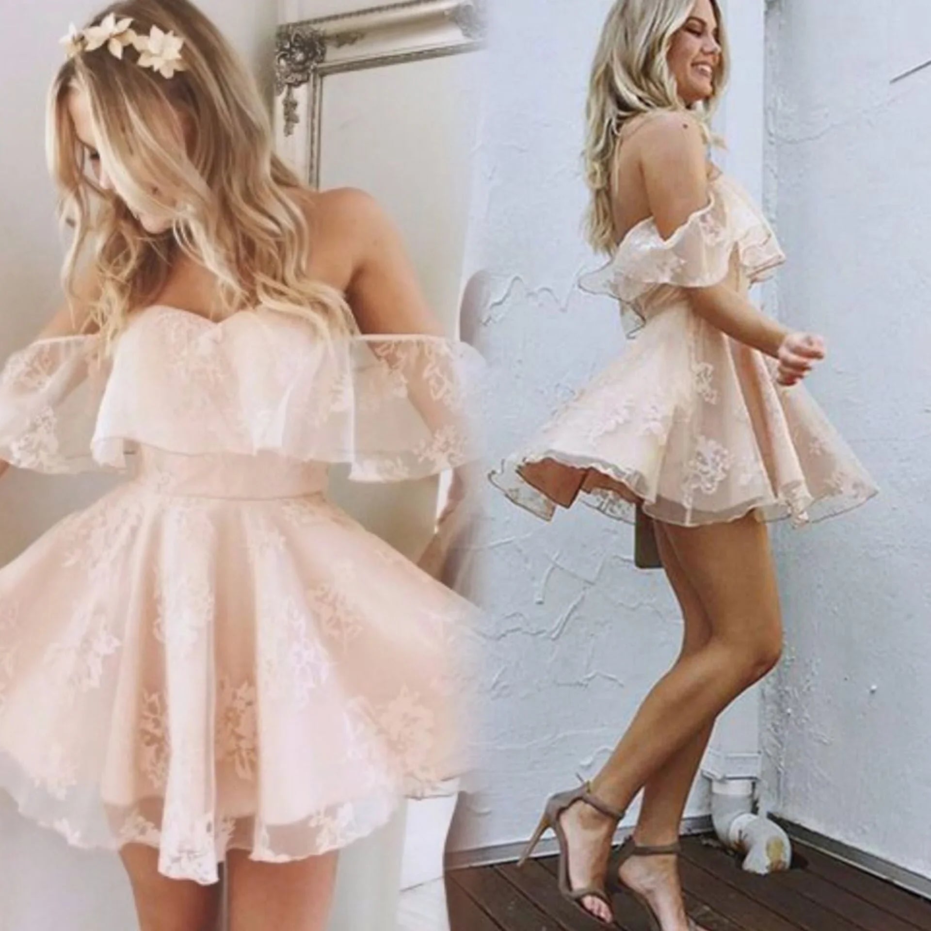 A-Line Off Shoulder Mid Back Lace Homecoming Dresses by Ombreprom