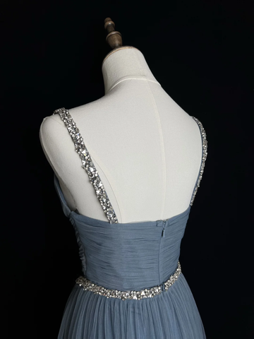 Simple Blue Tulle Beaded A Line Evening Dress Spaghetti Straps V Neck Prom Dress Y8649