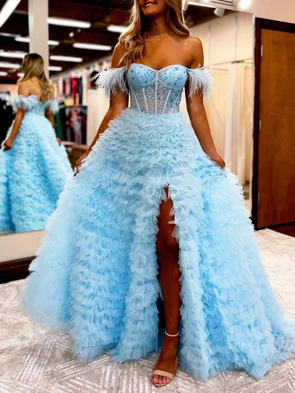 Ingrid |A Line Sweetheart Tiered Tulle Long Prom Dress With Slit by KissProm