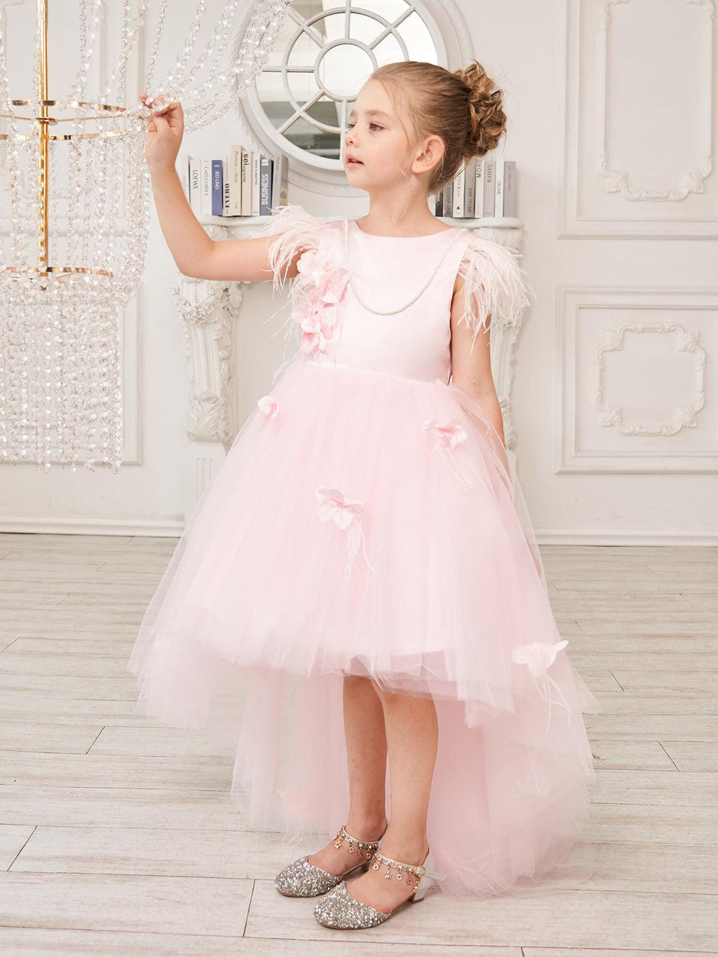Princess Sleeveless Tulle Flower Girl Dress with Beading and Feather Bow (010… - photo 1