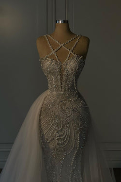 Heavy Mermaid Wedding Dress V-neck Spaghetti Strap Long With Beadings (ZD17406)