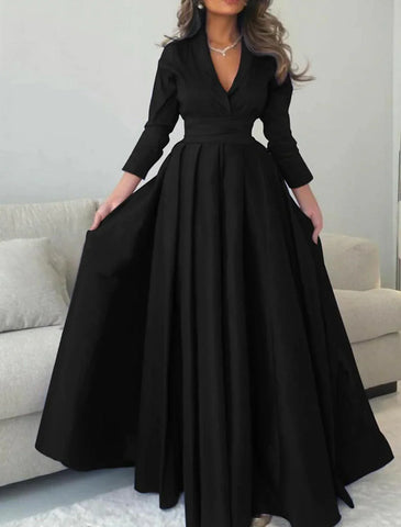 Vestido elegante de noche formal con mangas largas y escote en V y pliegues