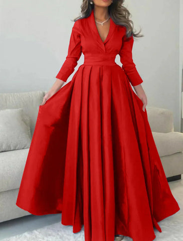 Vestido elegante de noche formal con mangas largas y escote en V y pliegues