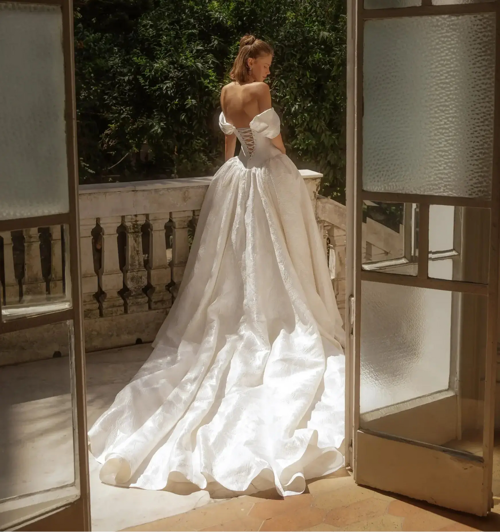 Romantic White Satin Off-the-Shoulder Ball Gown Wedding Dress with Train SW181