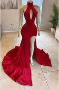 Halter Front Split Mermaid High-Neck Floor Length Prom Gown by BIZTUNNEL