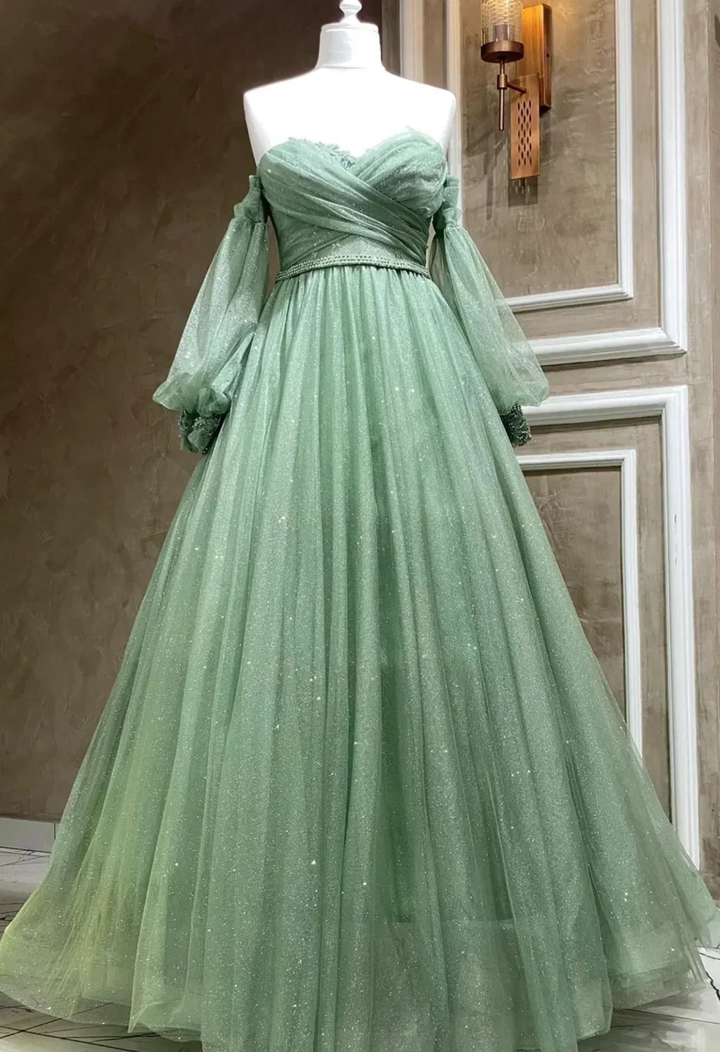 Bling Green Tulle Puffy Sleeves Formal Dresses A Line Green Long Evening Gown Y7981 by simplepromdress