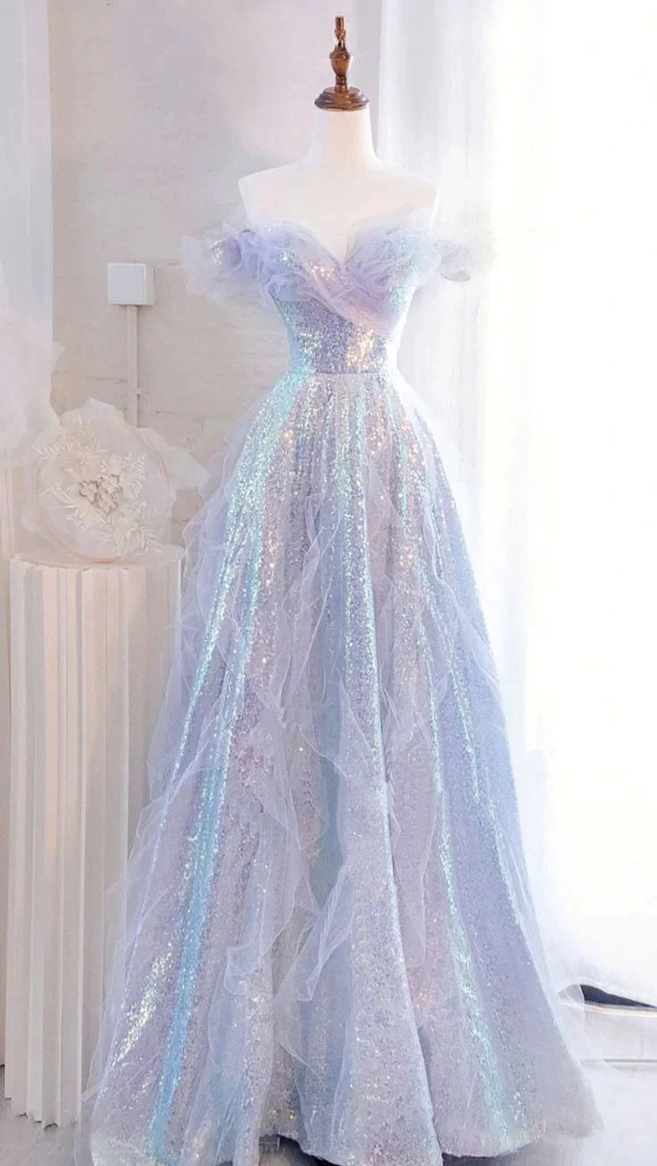 Iridescent off-shoulder ball gown with tulle layers on mannequin, ZAPDRESS formal dress