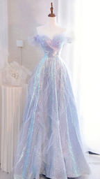 Iridescent off-shoulder ball gown with tulle layers on mannequin, ZAPDRESS formal dress