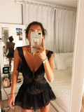 Deep V Neck Black Lace Homecoming Dress Black Party Dress Y2057 by simplepromdress