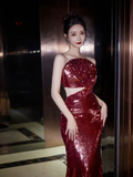 Burgundy Strapless Sequin Rose Flowers Prom Dress Mermaid Long Evening Dress Y8595 by simplepromdress