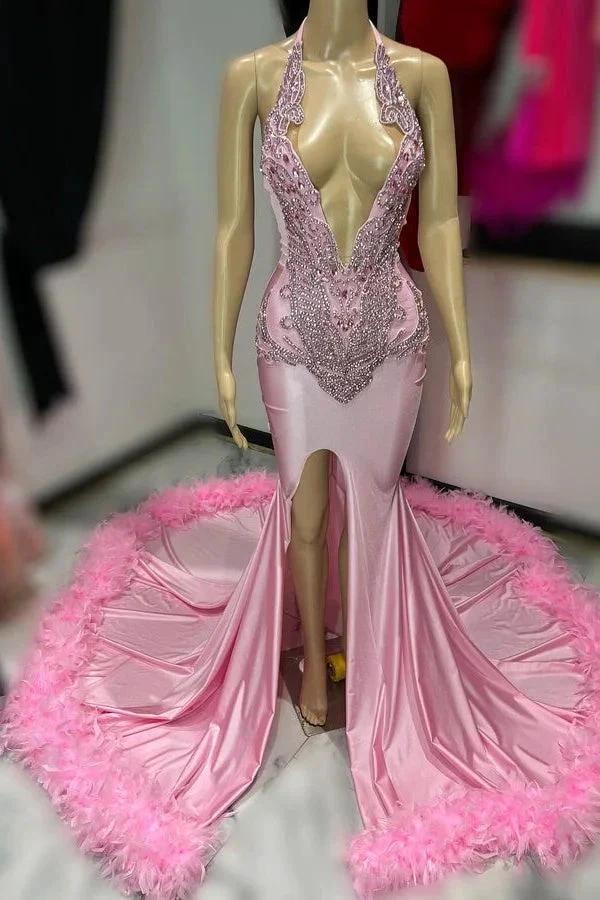 Sexy Pink Feathered Deep V Neck Prom Dress with Appliques and Slit by BIZTUNNEL
