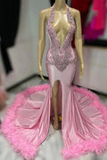 Sexy Pink Feathered Deep V Neck Prom Dress with Appliques and Slit by BIZTUNNEL