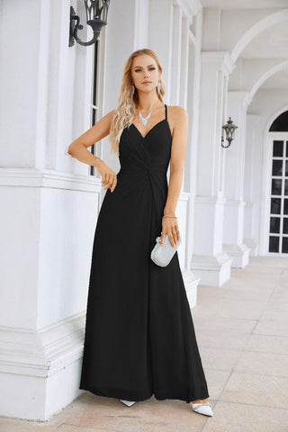 Ladies Chiffon Spaghetti Strap V Neck Front Slit Floor Length Bridesmaid Evening Dress Prom Party Wedding Evening Dress 28116
