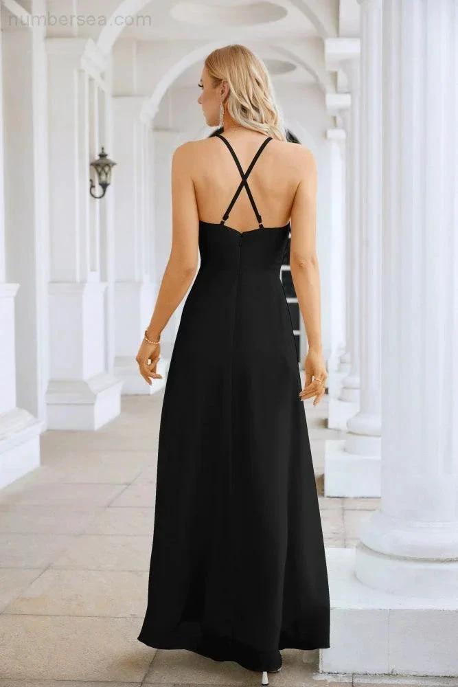 Ladies Chiffon Spaghetti Strap V Neck Front Slit Floor Length Bridesmaid Evening Dress Prom Party Wedding Evening Dress 28116 by numbersea