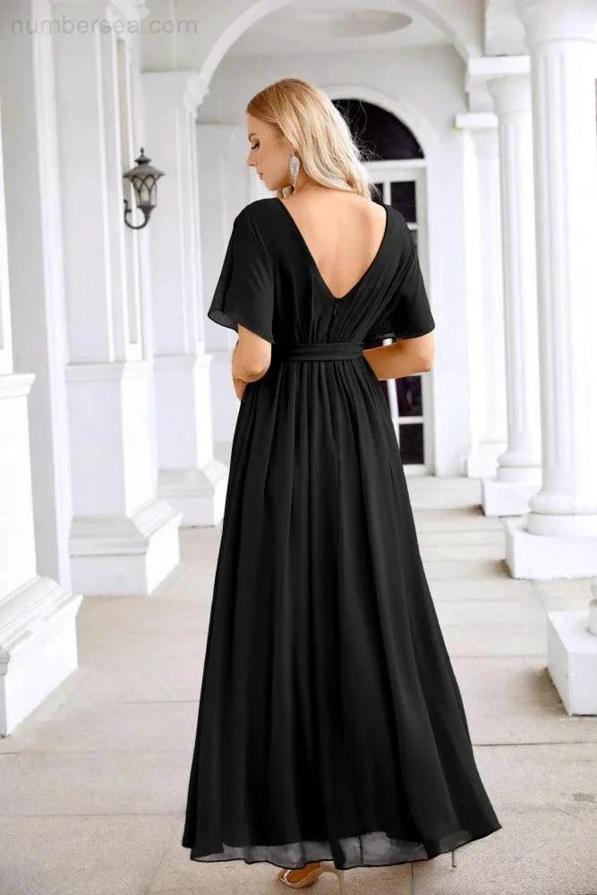 Ladies Chiffon Sleeve Crew Neck Front Slit Floor Length Bridesmaid Evening Dress Wedding Party Evening Dress 28124 by numbersea
