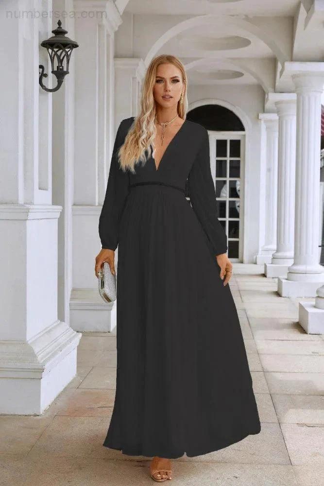 Ladies V Neck Chiffon Long Sleeve Front Slit Bridesmaid Evening Dress Wedding Party Shopping Evening Dress 28109 by numbersea