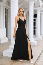 Ladies Chiffon Spaghetti Strap V Neck Front Slit Floor Length Bridesmaid Evening Dress Prom Party Wedding Evening Dress 28116 by numbersea