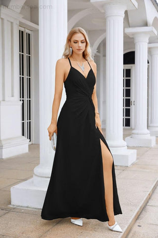 Ladies Chiffon Spaghetti Strap V Neck Front Slit Floor Length Bridesmaid Evening Dress Prom Party Wedding Evening Dress 28116