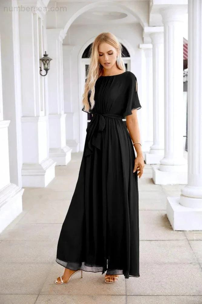 Ladies Chiffon Sleeve Crew Neck Front Slit Floor Length Bridesmaid Evening Dress Wedding Party Evening Dress 28124 by numbersea