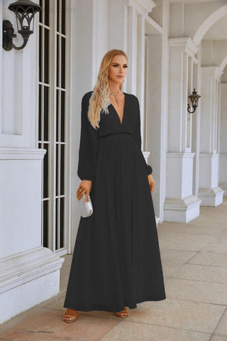 Ladies V Neck Chiffon Long Sleeve Front Slit Bridesmaid Evening Dress Wedding Party Shopping Evening Dress 28109