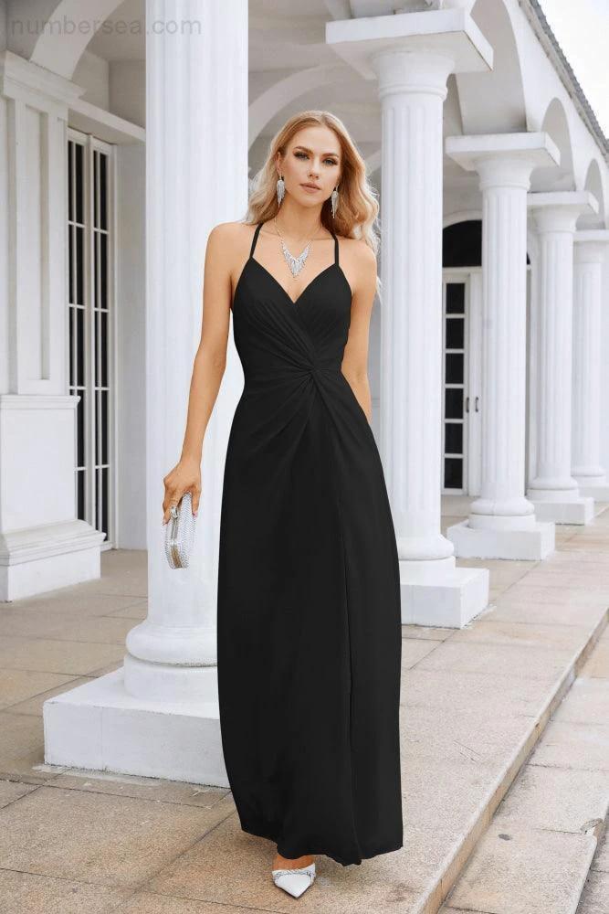 Ladies Chiffon Spaghetti Strap V Neck Front Slit Floor Length Bridesmaid Evening Dress Prom Party Wedding Evening Dress 28116 by numbersea