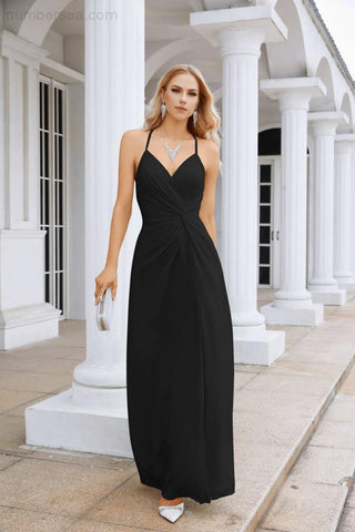 Ladies Chiffon Spaghetti Strap V Neck Front Slit Floor Length Bridesmaid Evening Dress Prom Party Wedding Evening Dress 28116