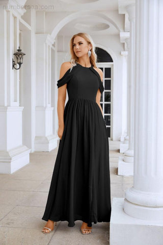 Ladies Chiffon Off Shoulder Swing Sleeve Front Slit Bridesmaid Evening Dress Wedding Party Evening Dress 28117