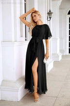 Ladies Chiffon Sleeve Crew Neck Front Slit Floor Length Bridesmaid Evening Dress Wedding Party Evening Dress 28124 by numbersea