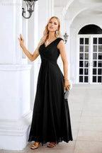 Ladies Chiffon V Neck Sleeveless Floor Length Bridesmaid Evening Dress Wedding Party Evening Dress 28126 by numbersea