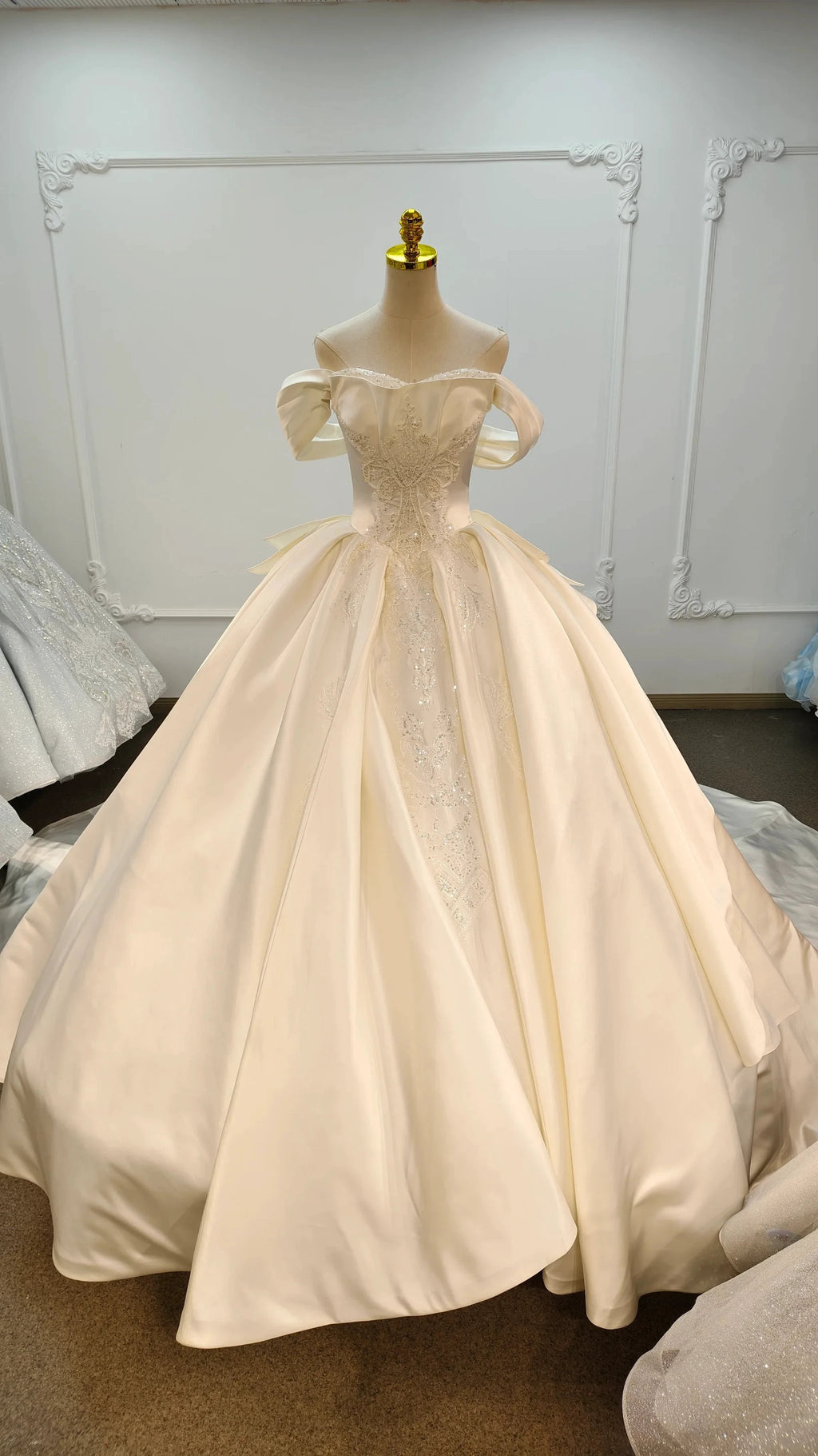 Ivory Lustre Off-Shoulder Ballgown Pearl-Embroidered Bodice & Cathedral Satin Train by ZAPDRESS