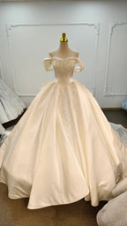 Ivory Lustre Off-Shoulder Ballgown Pearl-Embroidered Bodice & Cathedral Satin Train by ZAPDRESS