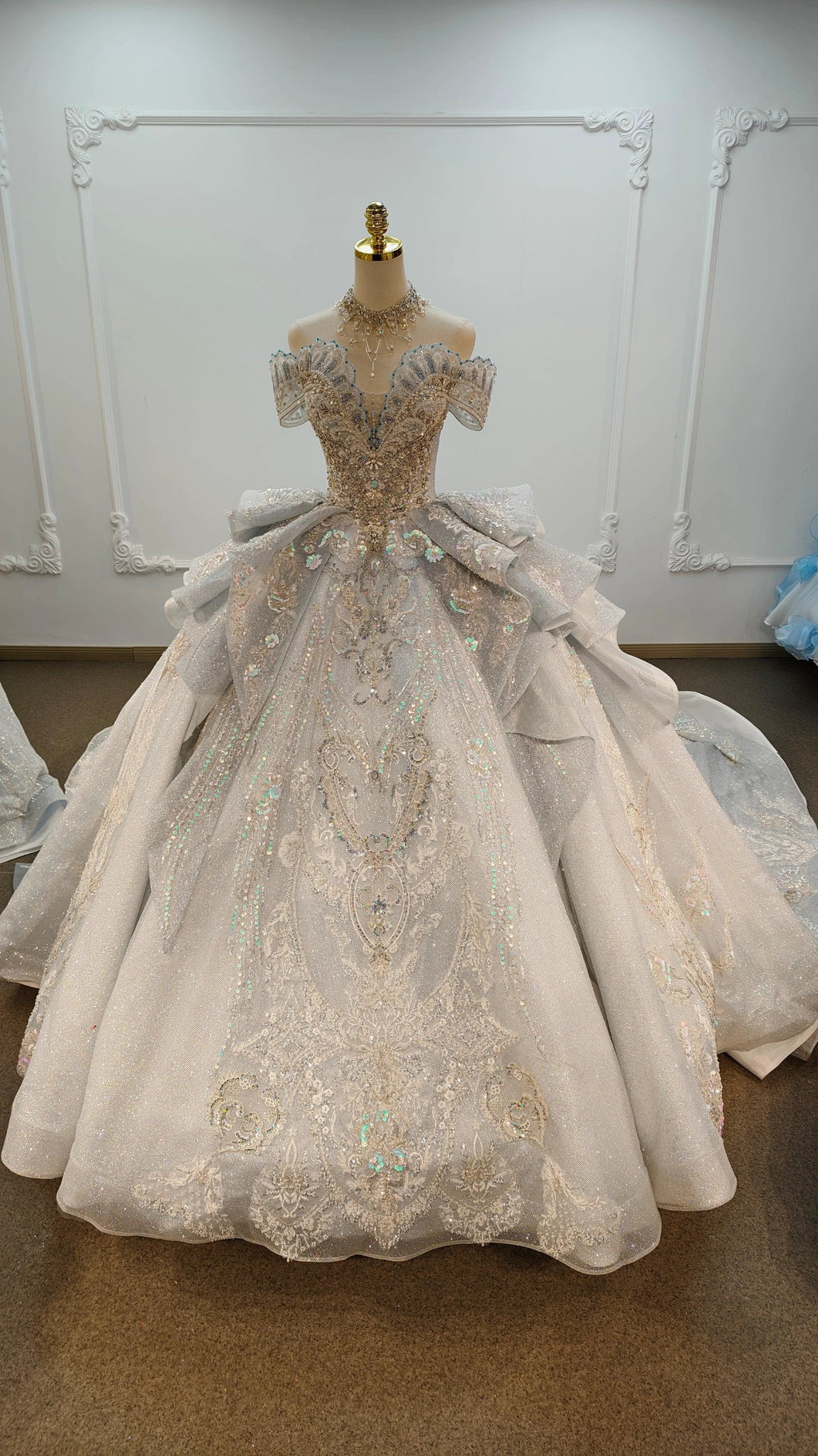 Gorgeous Silver Sequin Off-the-Shoulder Ball Gown Wedding Dress with Crystal Embroidery & Giant Bow Train Ye-2020 by ZAPDRESS