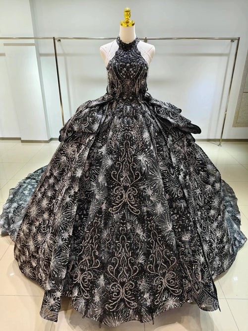 Dramatic Black Halter-Neck Ball Gown Wedding Dress with Firework Sequin Embroidery & Beaded Tassels Ye-2035 by ZAPDRESS
