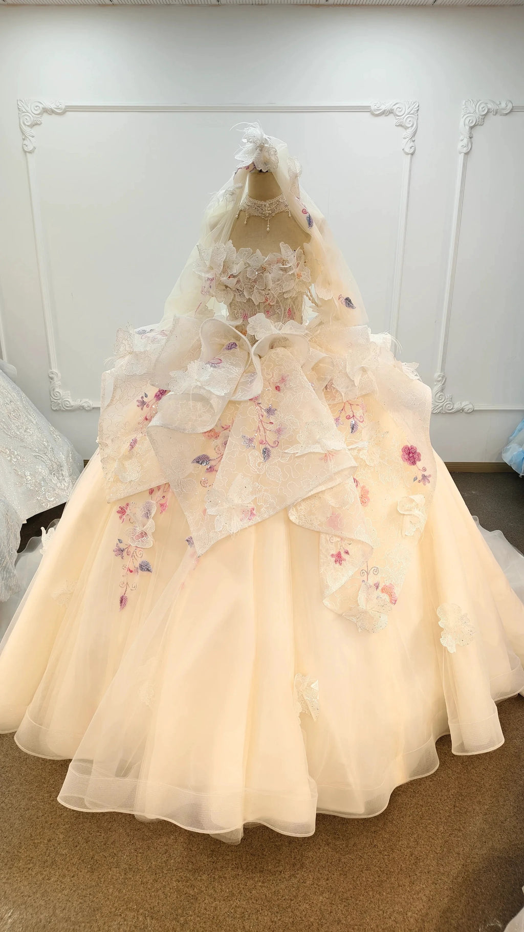 Blush Floral Strapless Ballgown Embroidered Skirt & Tulle Cape by ZAPDRESS