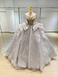 Silver Haze Strapless Ballgown: Gilded Beaded Bust & Ruffled Train by ZAPDRESS
