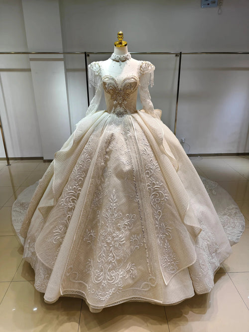 Ivory Gilded Butterfly Ballgown Crystal-Embroidered Bust & Fringed Collar by ZAPDRESS