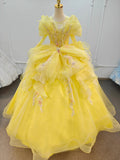 Vibrant Yellow High-Neck Ball Gown Wedding Dress with Ruffled Tulle, 3D Floral Embroidery & Corset Back Ye-2031 by ZAPDRESS